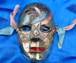 Brass Mask Ornament Butterfly Harlequin blue pink ribbon design 3.5" Vintage 