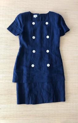 De Colección Informal Esquina Mujeres 10 Vestido de Lino Azul Marino Cuello Cuadrado Forrado Almohadillas para los Hombros Años 80 Foto 1 de 4