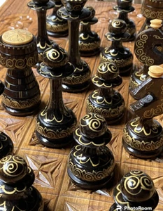 VINTAGE ARABIC CARVED WOOD CHESS AND BACKGAMMON SET 2 SIDED FOLDABLE ALL PIECES - Picture 1 of 17