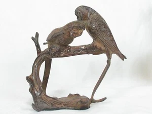 Vintage Bronze Tone Brass Parakeets Love Birds Statue on Tree Brance India 8" - Picture 1 of 8