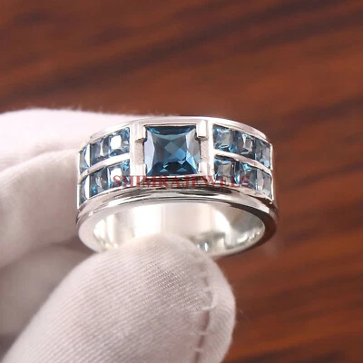 Naturale London Topazio Blu Gemma Con 925 Anello Argento Sterling per Uomo #367 - Immagine 1 di 4