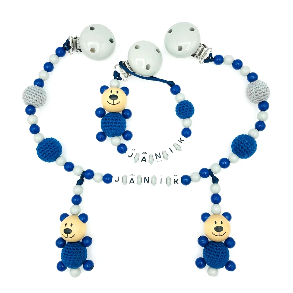 Set Schnuller- und Kinderwagenkette mit ihren Wunschnamen ❤️ 3D-BÄR ❤️ Unisex ❤️ - Bild 1 von 1