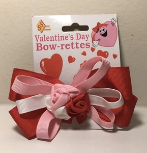 Valentine's Day Bow-rettes Pink Red White Ribbon Roses Hair Clip Vintage 90's - Picture 1 of 7