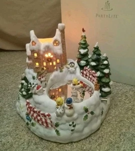 PartyLite Skating Snowman Music Box Candle Holder Christmas Trees Snowbell MOVES - Picture 1 of 24