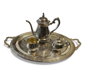 Oneida Silversmiths Silverplated Set Serving Tray Tea Pot Creamer Sugar Ornate - Picture 1 of 24