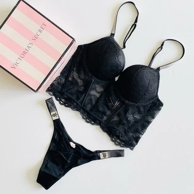 Conjunto de calcinha fio dental 34A PEQUENO Victoria’s Secret Bombshell brilho preto - Imagem 1 de 4