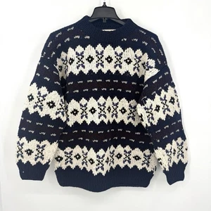 Suéter Pullover de Lana Vintage Rosa Gitana Crema/Azul Marino Manga Larga Isla Justa LG/XL - Imagen 1 de 10