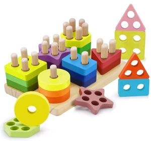 Kizmyee Montessori Kids wooden Toy, 24pcs Geometric Shapes Sorting & Stacking - Picture 1 of 7