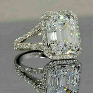 6Ct Emerald Cut Moissanite Diamond Engagement Wedding Ring 14K White Gold Plated