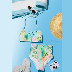 Victoria's Secret swim set PINK smocked strappy scoop tropical green hawaii - Picture 1 of 6