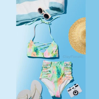 Victoria's Secret Set de Natación ROSA Calado Tiras Cuchara Tropical Verde Hawaii  Foto 1 de 4