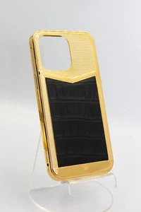 24K GOLD Apple iPhone 13 Pro V-GRID TOP BLACK CROCODILE LEATHER EDITION CUSTOM - Picture 1 of 2