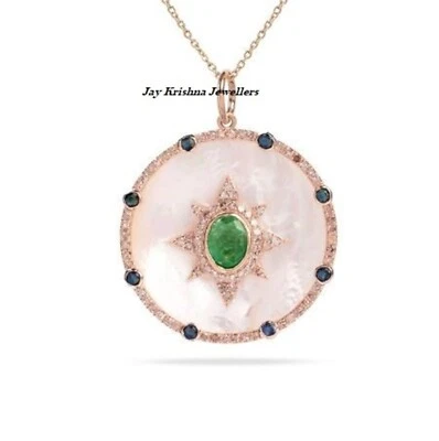 Smaragd Mit Saphir Halskette, 925 Silber Perlmutt Labor Diamant Halskette - Bild 1 von 2