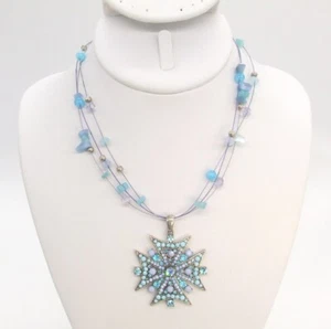 16" Silver-P Multi-strand Blue Glass & Cat's Eye Maltese Cross Illusion Necklace - Picture 1 of 3