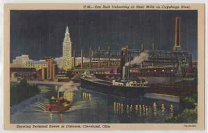 Vintage Postcard Ore Boat Unloading Cuyahoga River Night View Cleveland Ohio - Imagen 1 de 2