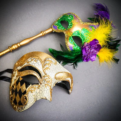Gold Venetian Phantom w/ Stick Mardi Gras Green Purple Feather Couple Mask Foto 1 de 4