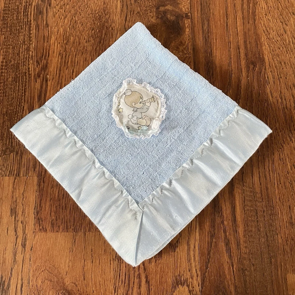 Винтажное махровое тканевое детское защитное одеяло с атласной нейлоновой отделкой Precious Moments синее - Изображение 1 из 4