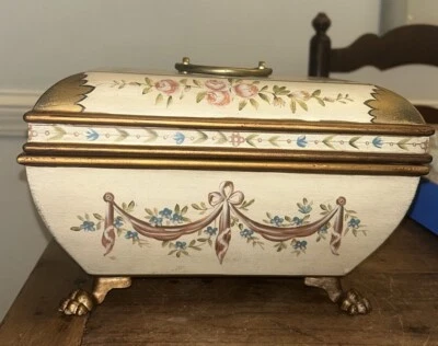 VTG French Style Floral Swag Painted Bombe Box 10 1/8”L 7 1/8”W 6.25”T ClawFeet - Image 1 of 4