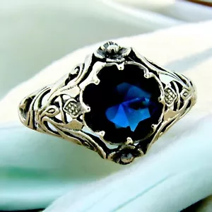 NOUVEAU ANTIQUE STYLE SCOTTISH THISTLE SIMULATED SAPPHIRE 925 SILVER RING #1140 - Picture 1 of 4