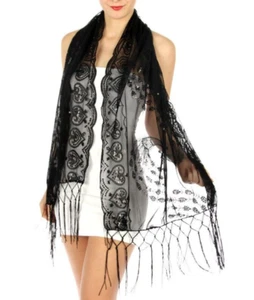 Women's Sequined Tassel Lace Scarf Shawl Wrap Embroidered Peacock Motif 64x22+ - Picture 1 of 5