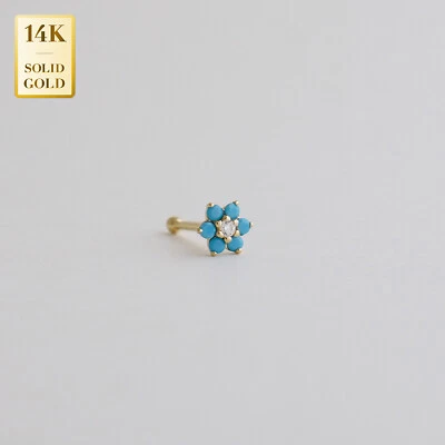 Unisex 14K REAL Solid Gold Floral Dainty Tiny Turquoise Nose Bone Stud Ring 22G - Image 1 of 3