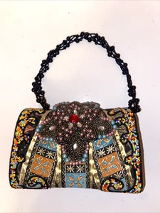 Rare BEADED WOMEN'S MULTICOLOR 7" X 5" Star Design Blue Brown PURSE/HANDBAG - Picture 1 of 15