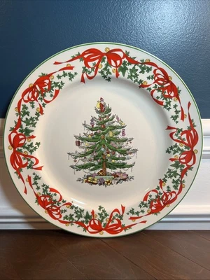 Spode Christmas Tree Red Ribbon Buffet Plate Never Used - Image 1 of 4