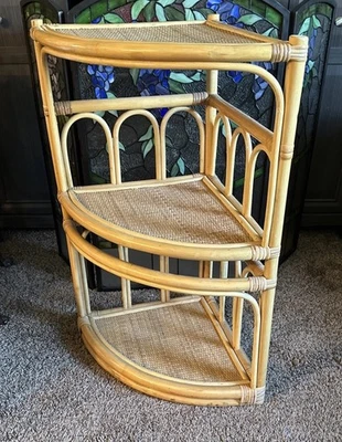 Vintage Corner 3 Shelf Bamboo Ratan Arch Wicker Top Boho Palm Beach Style - Image 1 of 4