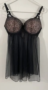 New Victoria’s Secret Pink sz 36D chemise Babydoll Lingerie Black Sheer Nightie - Picture 1 of 10