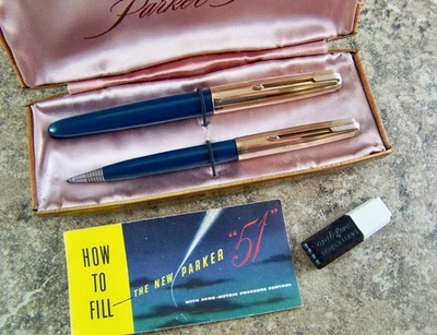 Pluma estilográfica y lápiz aerométrico Parker 51 1949 vintage. Plumín 14K F. Restaurado Foto 1 de 4