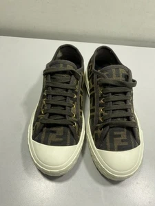 Fendi Women's Domino FF Sneakers Size 7 Low-Top Canvas Cap-Toe Flat LaceUp Brown - Picture 1 of 17