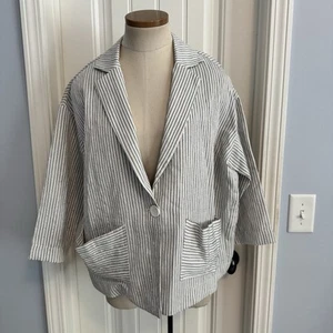 Giacca blazer donna grande OZAI N KU righe crop Lagenlook tasche leggere - Foto 1 di 7