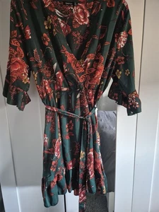 Bottle Green And Orange Flowery Kimono Style Dress - Picture 1 of 3