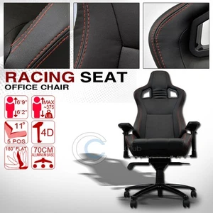 MU Racing Style PVC Leather Bucket Reclinable Seat Chair Blk w/Red Stitches Cl26 - Picture 1 of 2