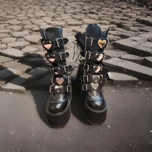 Demonia Womens Boots Swing #230 Black Heart Buckles Goth Platform Chunky Size 9 - Picture 1 of 12