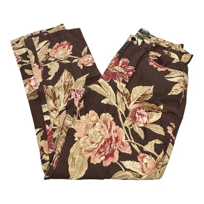LRL Ralph Lauren 100% Linen Wide Leg Pants Women's 12 Tan Brown Floral High Rise - Image 1 of 4