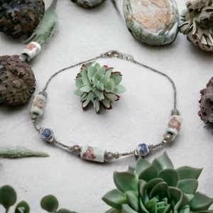 Vtg 90s Boho Ceramic Beaded Anklet Bracelet Floral Blue Brown Handcrafted 8.5" - Picture 1 of 7