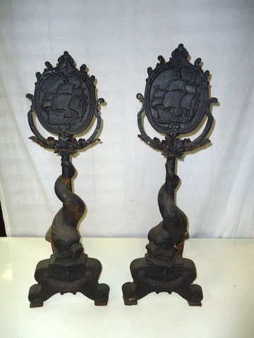 Antique Large 32" Andirons  Style Cast Iron Dolphins Ships HEAVY Cover