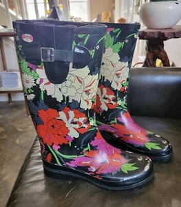 Sakroots Peace Flower Women's Black Multicolor Floral Lined Rubber Boots Size 9 - Picture 1 of 13