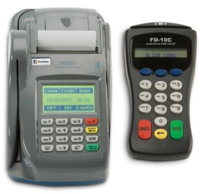 First Data FD-200 Credit Card Check Terminal With Cable & Pinpad FD-10C USED - Image 1 of 4