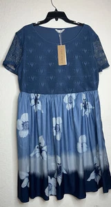 Damen TENDENCY XL knielanges Midi-Kleid kurzärmelig blau Blumenmuster bescheiden neu mit Etikett. - Bild 1 von 6