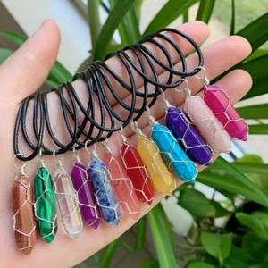 50pcs Mixed Natural Stone Pillar Necklace Handmade Silver Iron Wire Pendants GQ - Picture 1 of 12