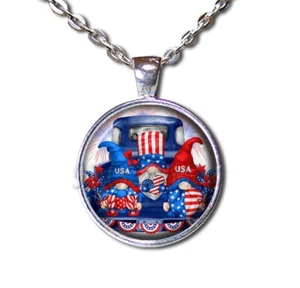 Patriotic Gnome Lovers USA - Handmade ROUND Glass Pendant Necklace - Picture 1 of 10