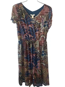 CJ Banks PL NWT Dress Flutter Sleeve Mesh Overlay Lined Midi Brown Rust Blue - Picture 1 of 11