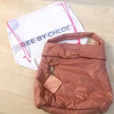 VEJA POR CHLOE Bolsa Tote Logotipo Couro Nylon Rosa Feminina USADA DO JAPÃO - Imagem 1 de 4
