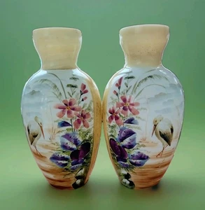 A Pair of Large Antique Bohemian Opaline Glass Vases c1880s – Birds & Flowers  - Picture 1 of 11