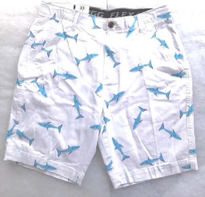 Shorts Masculinos PLUGGWEAR (Tamanho 33 Frente Plana Cintura Flexível BRANCO AZUL TUBARÕES NOVO - Imagem 1 de 4