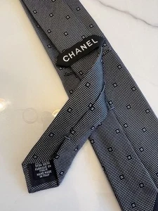 Chanel Navy Silk Dot Logo Tie 8cm Wide Used Authentic Made in Japan - Picture 1 of 8