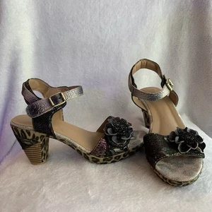 L’Artiste Spring Step Wildcat Platform Sandal Black Leather Animal Print Sz US 9 - Picture 1 of 15