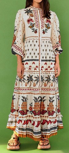 OFF WHITE Abito maxi a strati nuovo con etichette Farm Rio Off White Made in Brazil ricamato perline tg XL